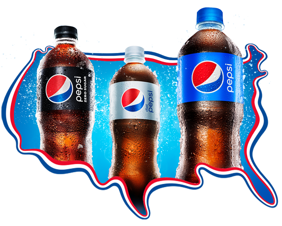 three pepsi bottles inside the outline of the united states