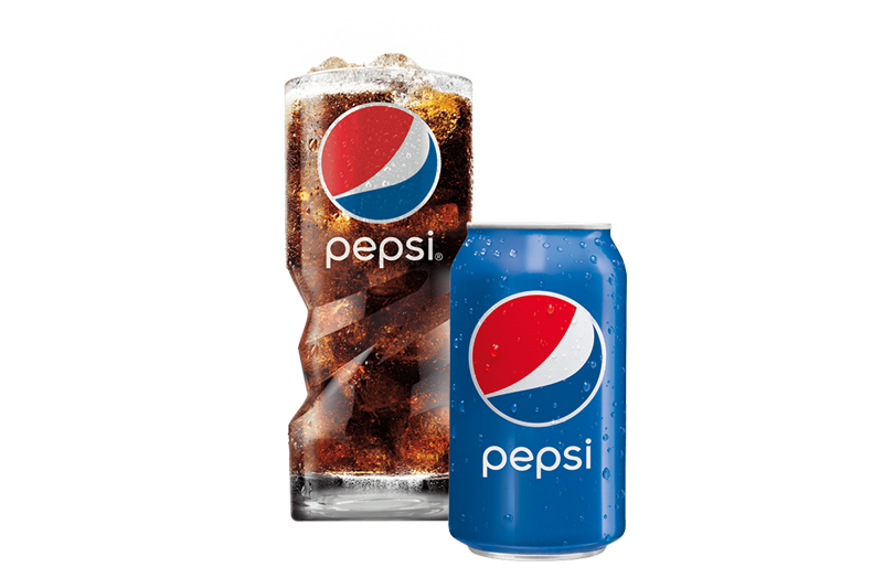 glass of pepsi behind a can of pepsi