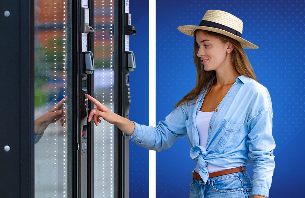 woman in hat using vending machine