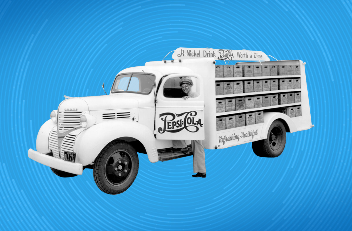 Vintage Delivery Driver for Pepsi MidAmerica on Blue Swirl Background